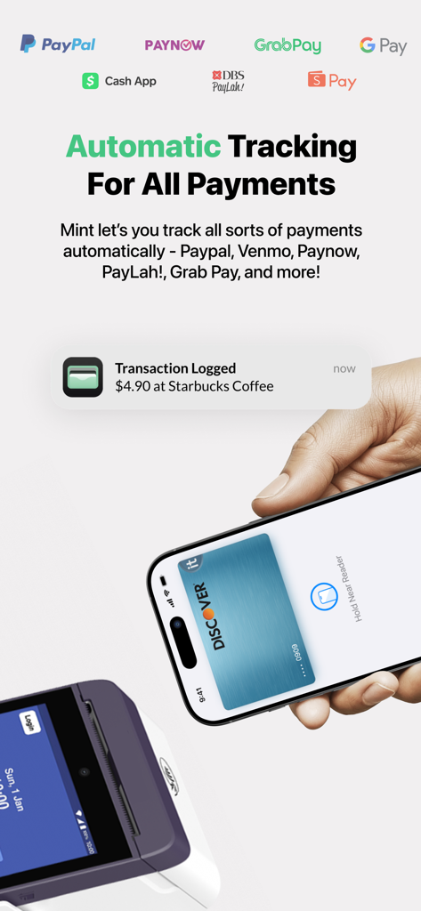 Automatic transaction logging in the Mint app showing a payment at Starbucks with Apple Pay
