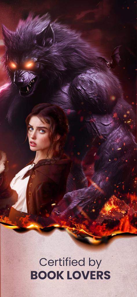 Booktok - Booktok Official App - Ilustración dramática de una novela de romance sobrenatural con una mujer y un gran hombre lobo
