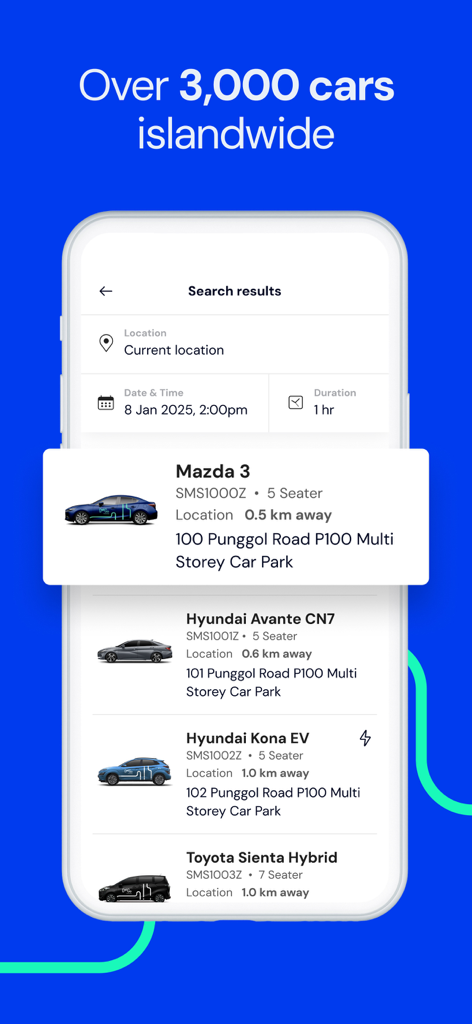 Interfaz de la aplicación móvil que muestra una lista de coches de alquiler disponibles en los resultados de búsqueda de GetGo Carsharing