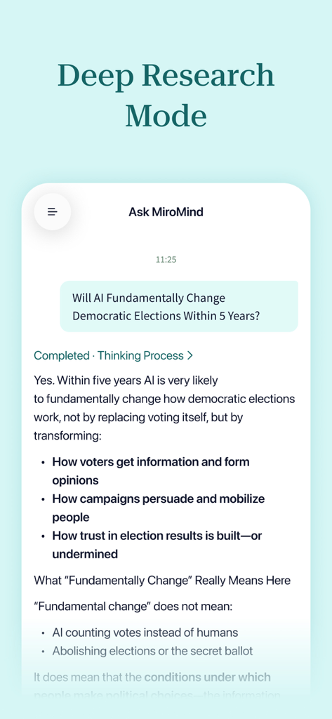 MiroMind - MiroMind-App-Oberfläche, die den Tiefenrecherche-Modus mit einer detaillierten Analyse zu KI und Wahlen zeigt