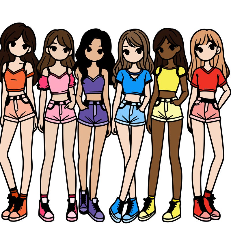 a group of girls wearing crop tops and shorts