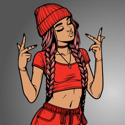 realistic teenage girl with braids and a beanie and crop top doing 🫶🏼