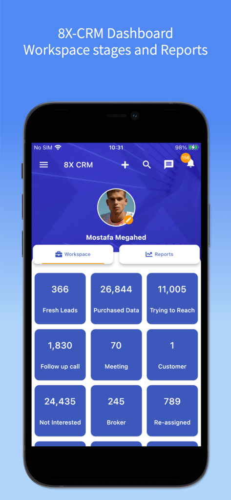 8X CRM mobile dashboard displaying workspace stages and lead metrics