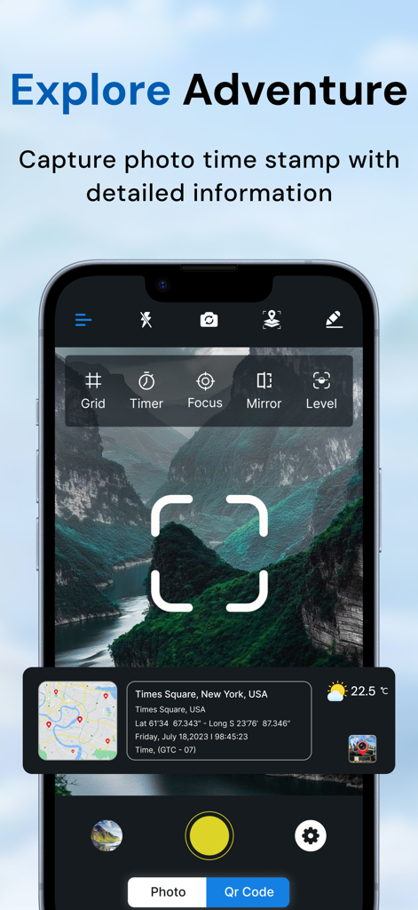 Interface de l'appareil photo de l'application GPS Photo montrant une vue de montagne pittoresque avec une carte et un horodatage de localisation superposés.