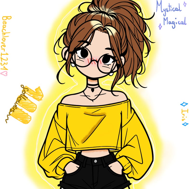 girl with a messy ponytail glasses a baggy crop top and jean shorts