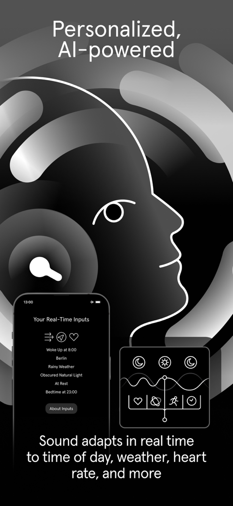 Personalized AI soundscapes in the Endel app adapting to real-time inputs like heart rate and weather