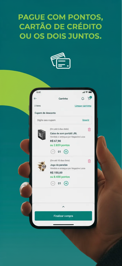 Coopera - Mobile app screen showing a shopping cart with options to pay using points or credit card