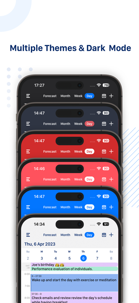 Tiny Calendar Pro - Interfaz de la aplicación Tiny Calendar Pro que muestra varios temas de color y modo oscuro en iPhones apilados