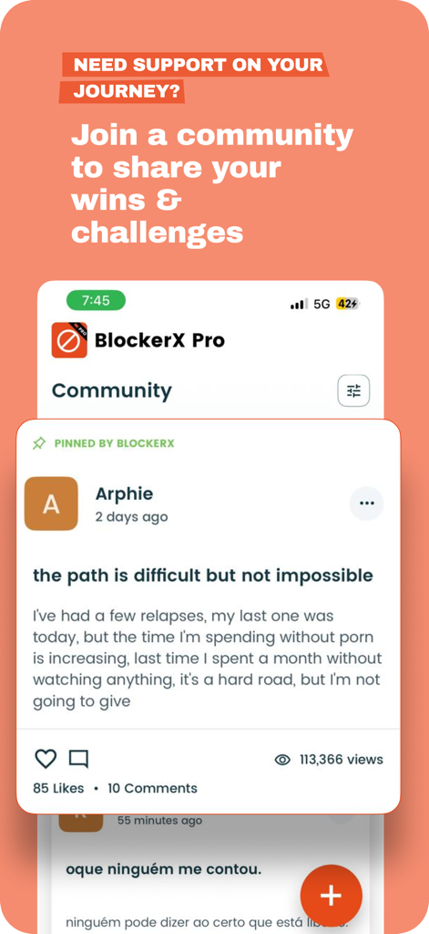 BlockerX app community forum showing user posts and support for recovery