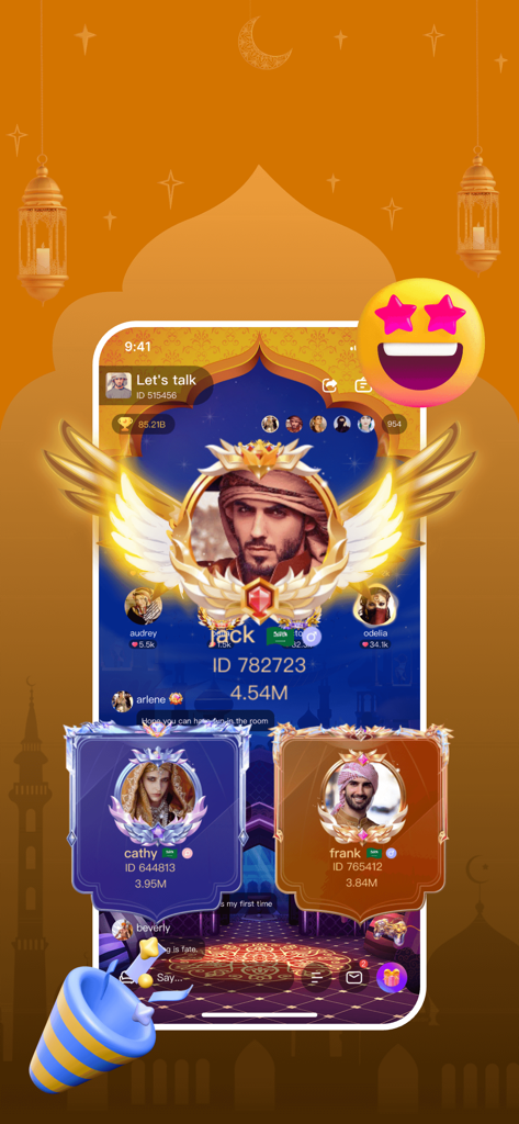 HiCat Chat - Tela do aplicativo móvel HiCat Chat exibindo uma sala de festa por voz com várias pessoas e molduras de perfil de usuário ornamentadas