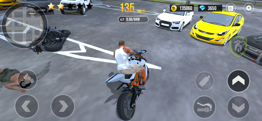 A motorcycle rider exploring an open world city environment in Moto Racing Driving Simulator