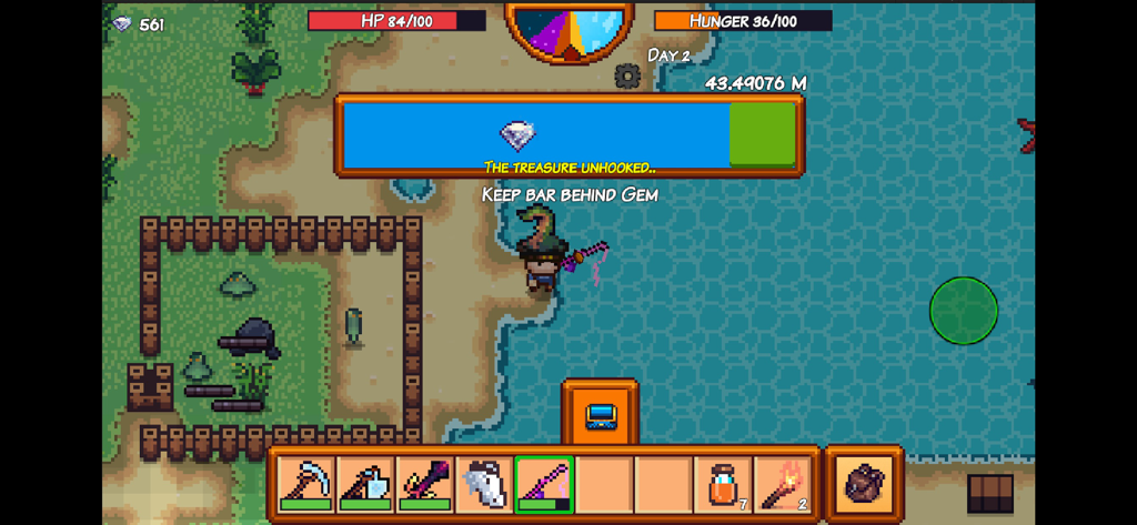 A pixel art character fishing on a beach with survival UI elements and inventory bar shown in Pixel Survival Game 3
