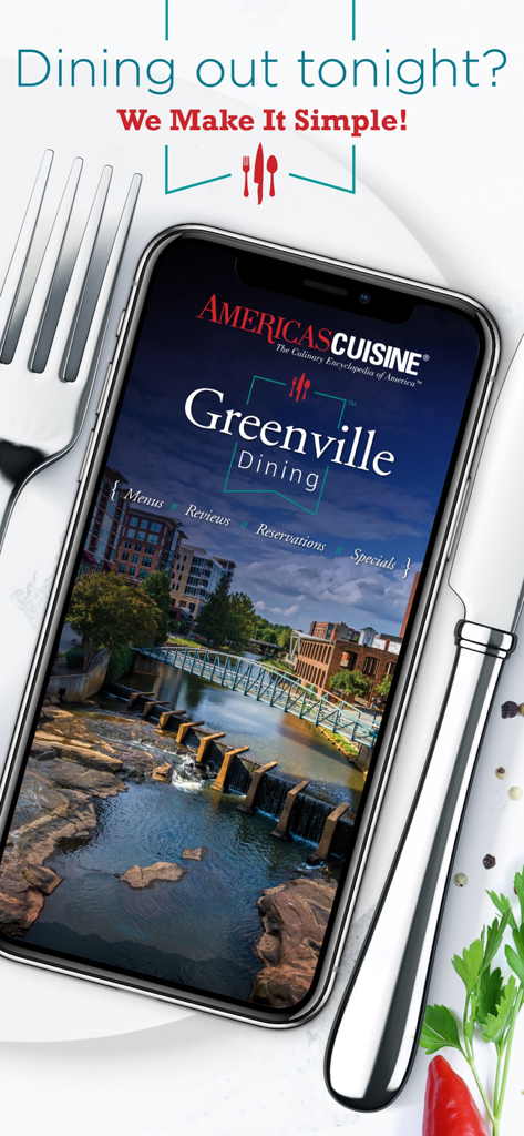 Tela inicial do aplicativo Greenville Dining mostrando recursos de reserva e menu de restaurantes