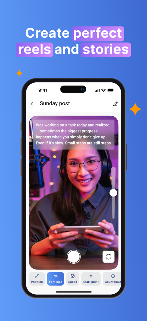 Teleprompter For Video - Pro - A woman using a teleprompter app to record social media reels and stories with a script overlay