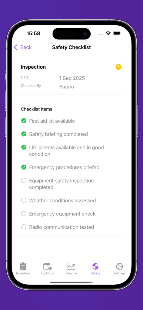 A safety checklist screen within the PCB Pier Control Board app showing inspection items for marine equipment rentals