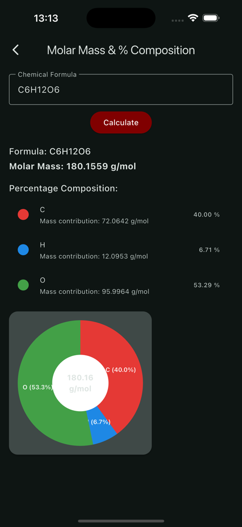 Chemistry lab pro - Calculadora de masa molar y composición porcentual que muestra los resultados para la glucosa