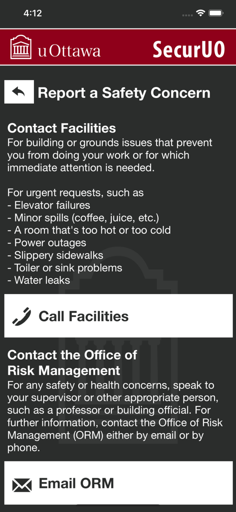 SecurUO - Interfaz de la aplicación SecurUO para informar sobre preocupaciones de seguridad y contactar a las instalaciones del campus