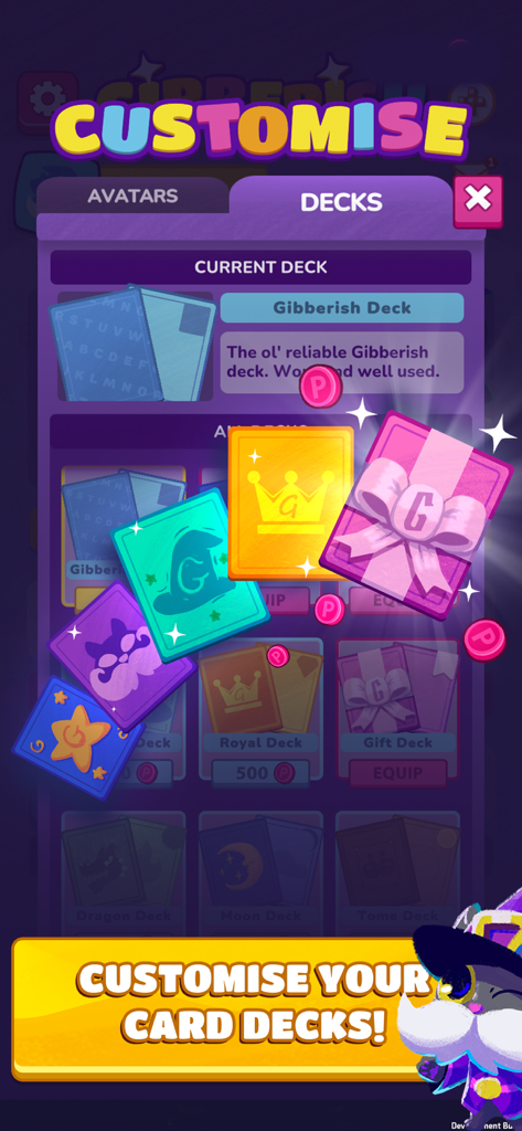 Gibberish: Word game & friends - Pantalla de personalización del juego de palabras Gibberish que muestra varios diseños de mazos de cartas desbloqueables