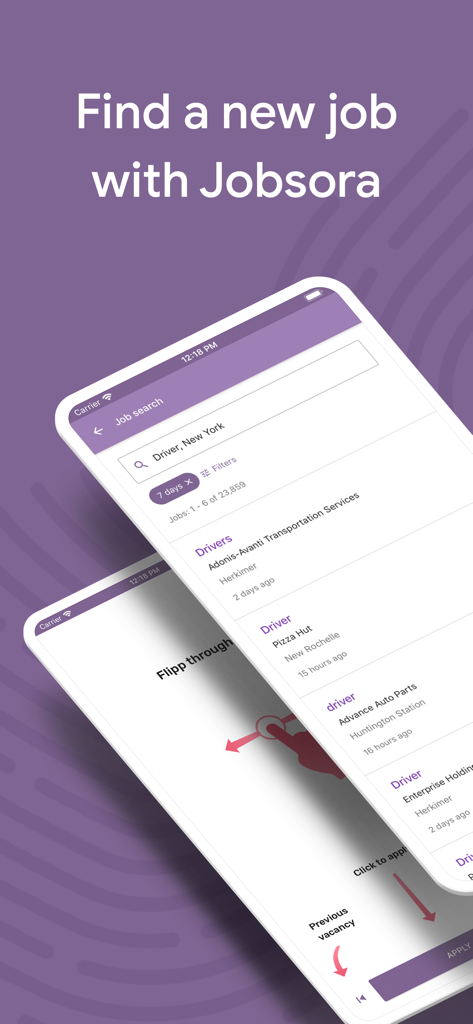 App mobile Jobsora che mostra offerte di lavoro per autista a New York e filtri di ricerca.