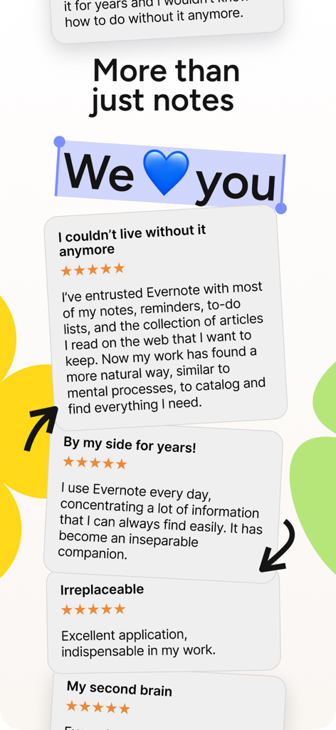 Evernote app user testimonials and five star reviews