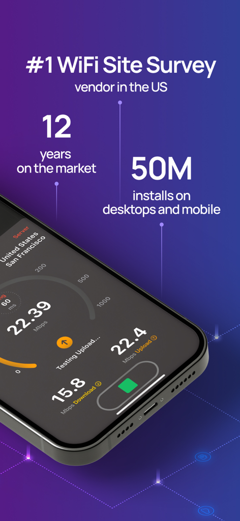 NetSpot WiFi Analyzer - Interfaz de la aplicación NetSpot que muestra los resultados de la prueba de velocidad WiFi y estadísticas de mercado como 50 millones de instalaciones.