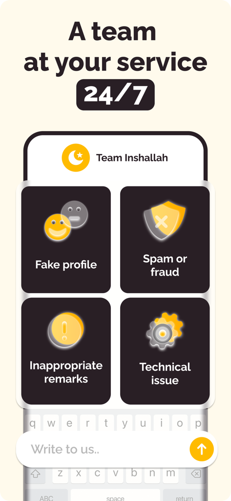 Interface de l'application InshAllah montrant les options de support client 24h/24 et 7j/7 pour signaler les faux profils, le spam et les remarques inappropriées