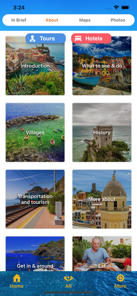 Cinque Terre Travel Guide - Mobile app screen for Cinque Terre Travel Guide displaying options for villages history transportation and dining