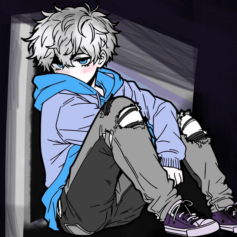 a male hoddie ripped jeans messy hair anime