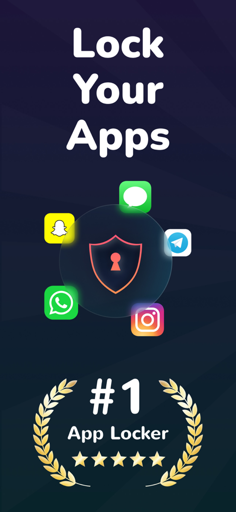 App Lock · - Lock Your Apps screen showing a security shield and social media icons with a five star rating