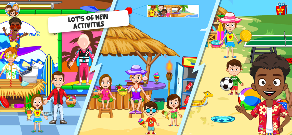Cartoon characters enjoying various beach activities including surfing, a tiki bar, and outdoor sports