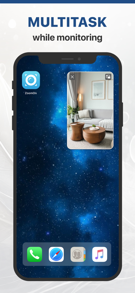 ZoomOn Home Security Camera - iPhone home screen displaying a live security camera feed in picture-in-picture mode using the ZoomOn app.