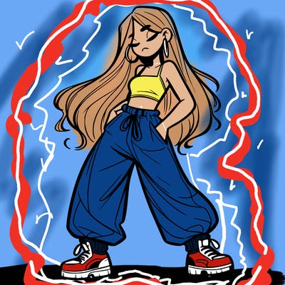 girl in baggy pants crop top and long hair
