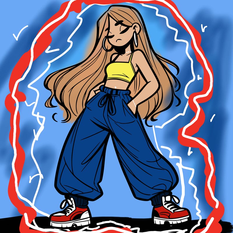 girl in baggy pants crop top and long hair