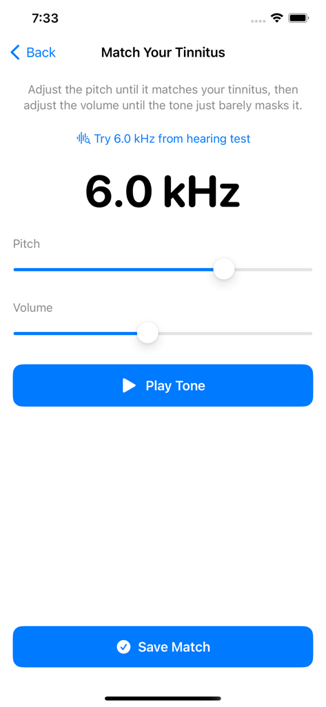 Tinnitus matching interface with pitch and volume sliders showing 6.0 kHz frequency.