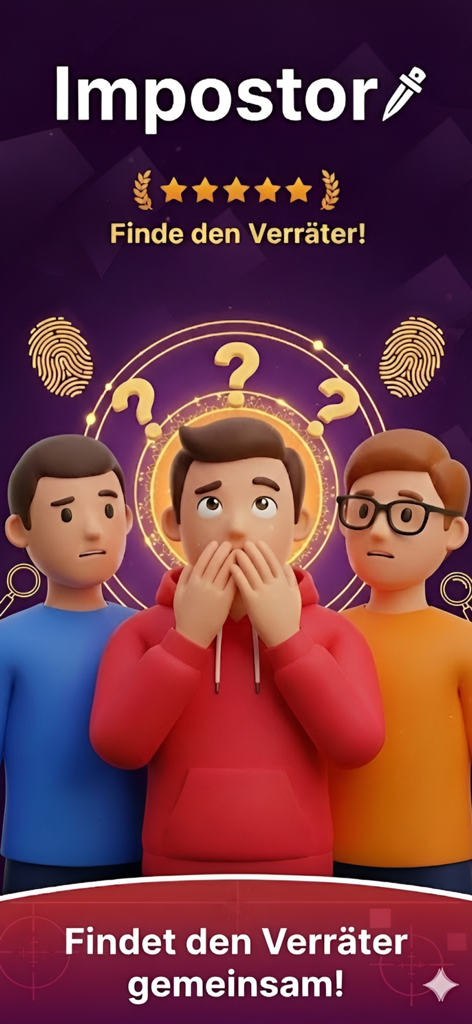 Impostor - Multiparty - Tela principal do aplicativo Impostor multiparty com três personagens de desenho animado com o texto em alemão Finde den Verrater