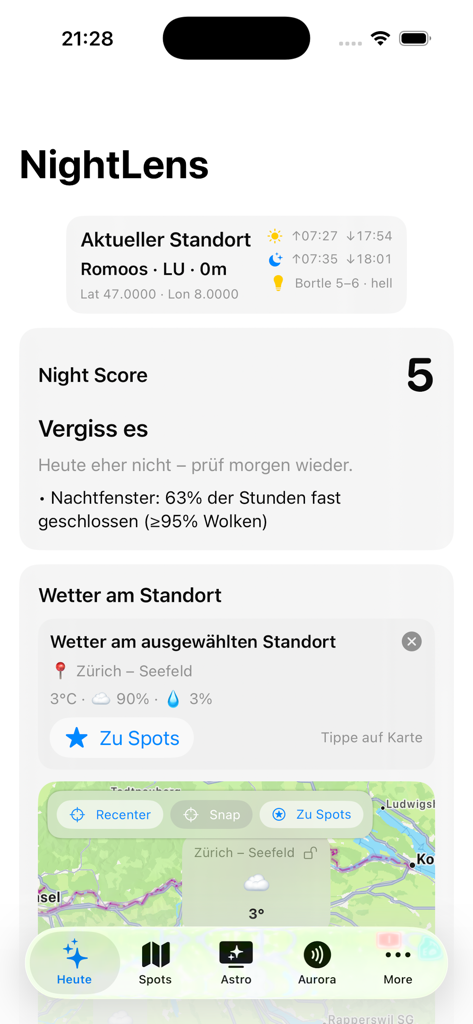 NightLens - NightLens 앱 인터페이스로 밤 사진 촬영 조건 및 위치 데이터 표시