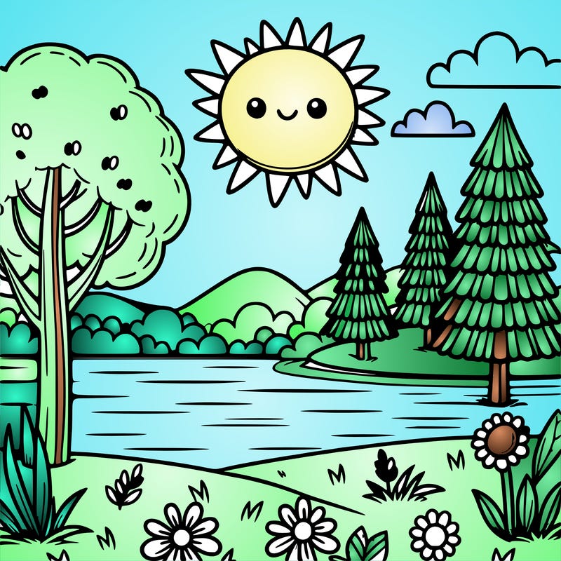 a beautiful lake with a big bright sun and some trees and some flowers