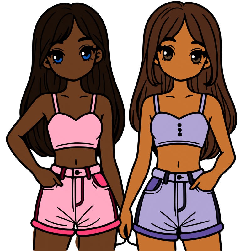 two sisters with crop tops and jean shorts and straight hair