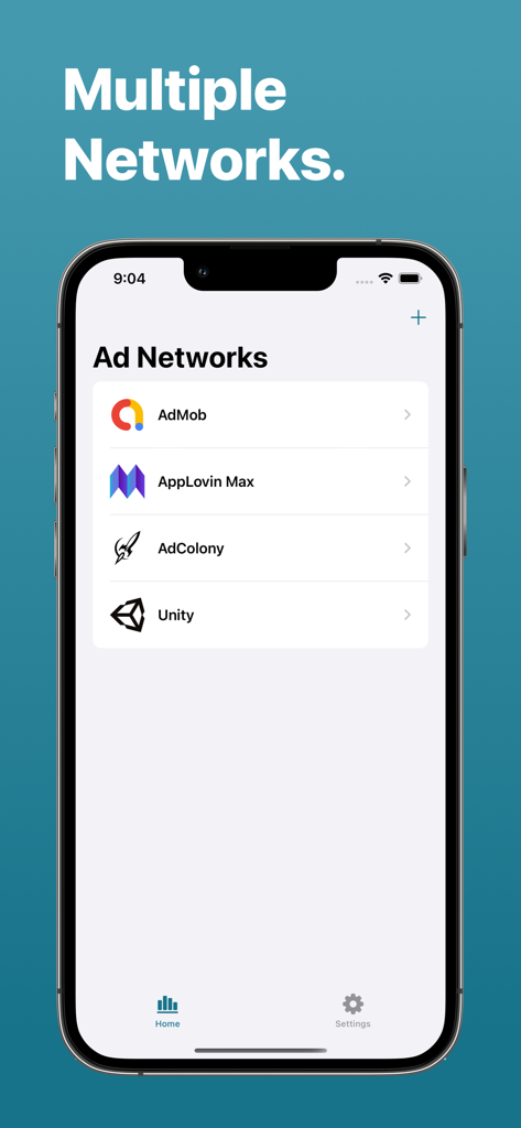 Tela do iPhone mostrando o menu de Redes de Anúncios com suporte para AdMob, AppLovin Max, AdColony e Unity.