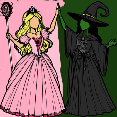 detailed realistic split of a princess and a witch