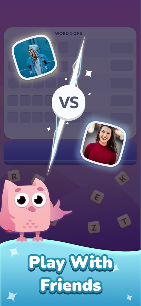 Word Roll game screenshot showing the versus mode to challenge friends with a pink owl mascot