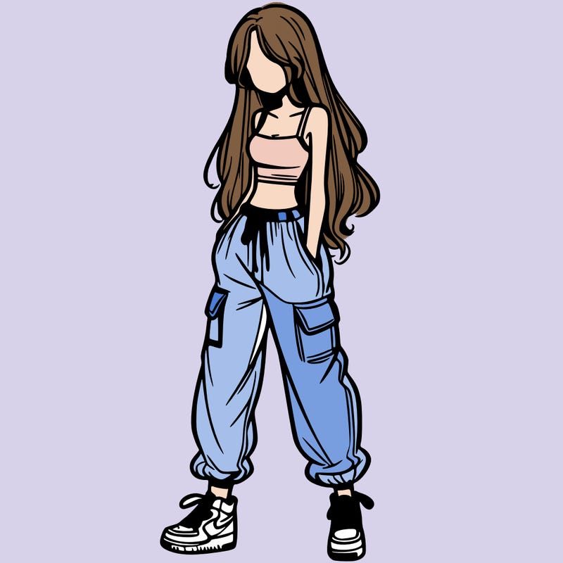 girl in baggy pants crop top and long hair