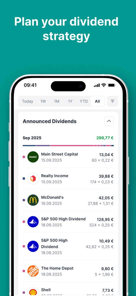 Parqet - Portfolio Tracker - Ein mobiler Bildschirm aus der Parqet-App, der eine Liste von angekündigten Dividenden und Ausschüttungen für ein Portfolio anzeigt