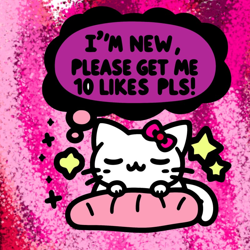 kitty taking a nap dream talking and saying "i'm new, please get me at least 10 likes pls!!"