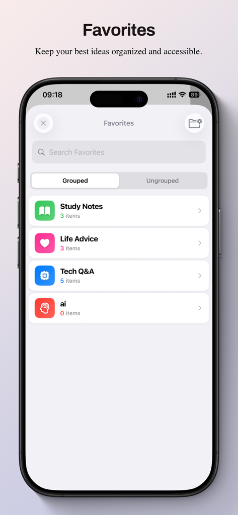 OneChats AI - La interfaz de la aplicación One Chats AI muestra carpetas favoritas organizadas para notas de estudio y preguntas y respuestas técnicas.
