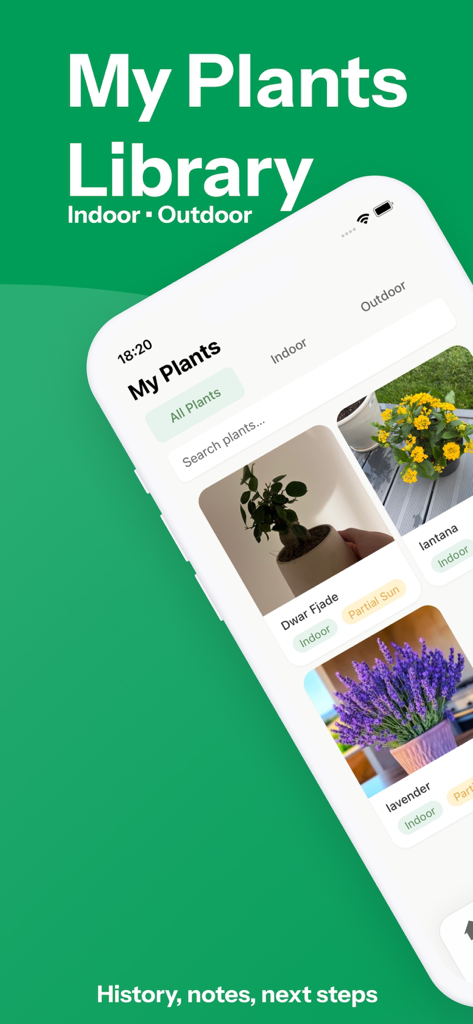 Der Plantory-App-Bildschirm 'Meine Pflanzenbibliothek' zeigt eine Liste der verfolgten Pflanzen mit ihren Pflegeanforderungen an