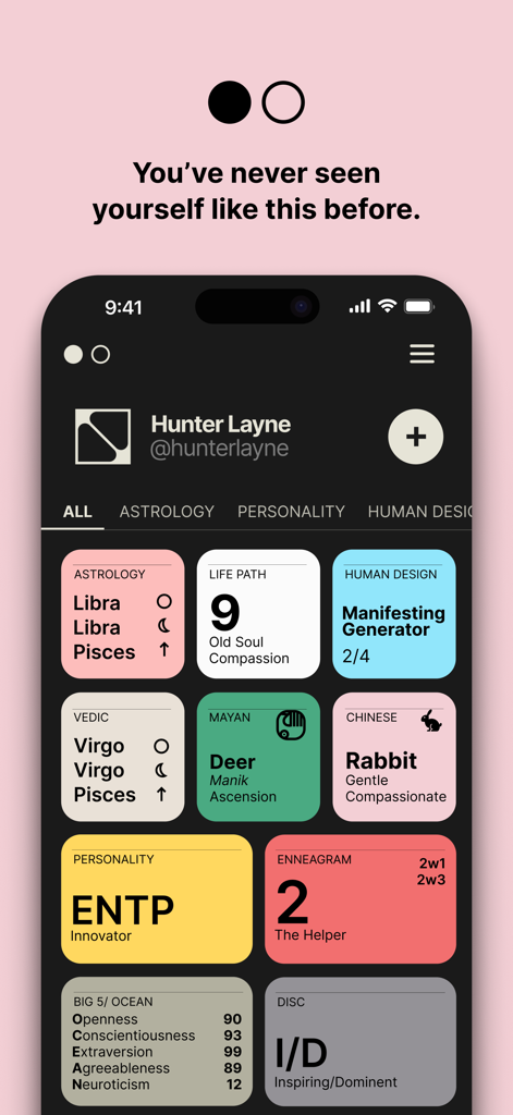 Mirror Personality + Astrology - Panel completo de personalidad y astrología en la aplicación Mirror que muestra resultados del Eneagrama, Diseño Humano y los Cinco Grandes