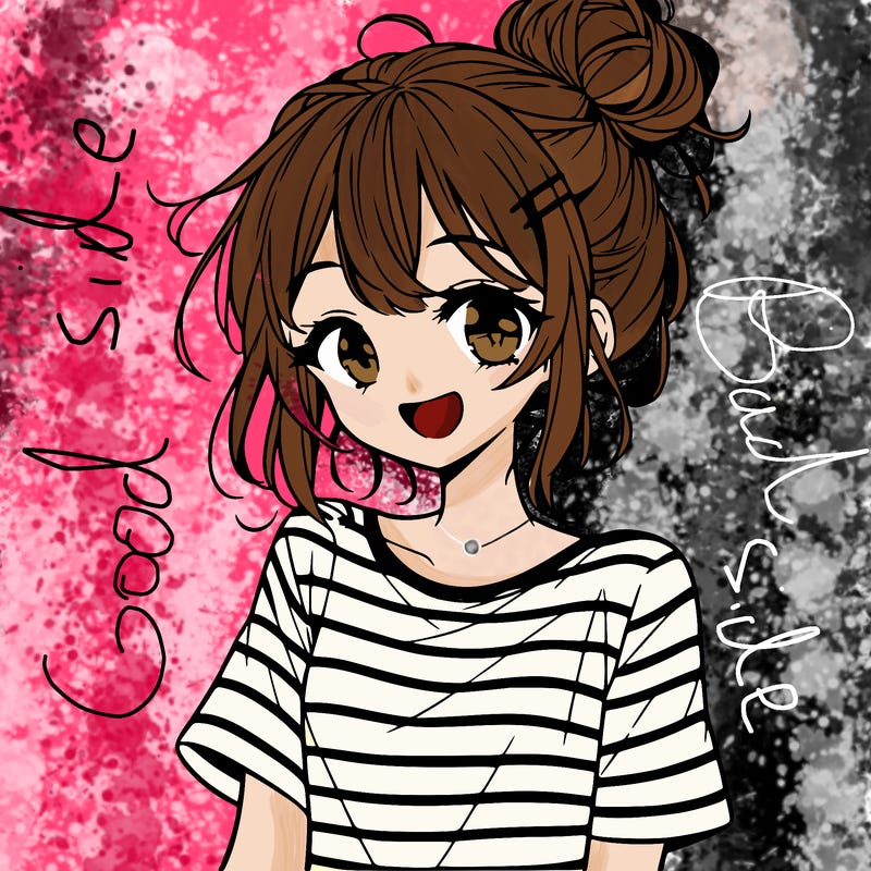 anime girl teenager striped shirt and smile and messy bun