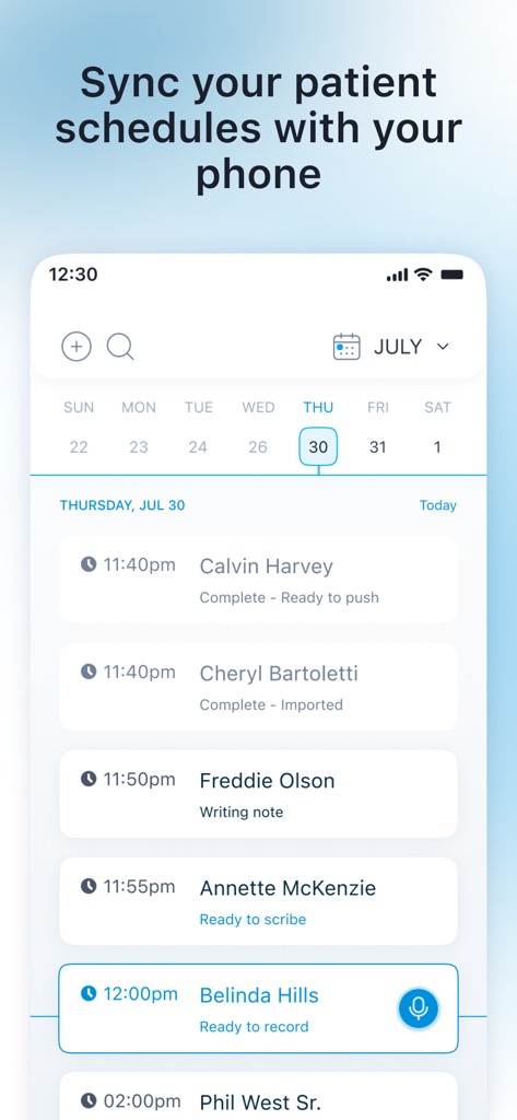 DeepScribe mobile app interface displaying a synced patient schedule with statuses for AI medical documentation