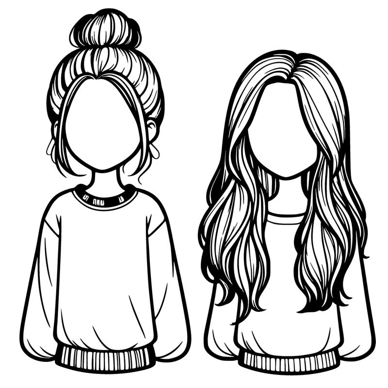 one girl with a bun and a sweatshirt and the other girl with long, realistic hair